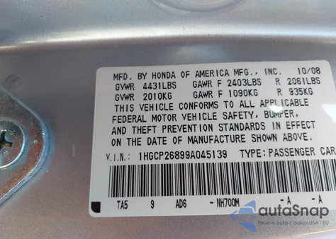 2009 Honda Accord 2.4 Ex-L from USA, damaged, VIN 1HGCP26899A045139